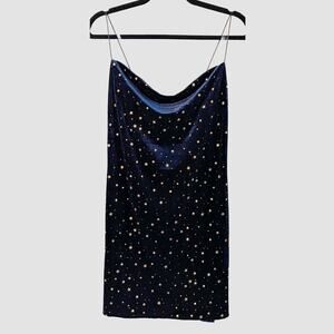 NEW Zaful Velvet Star Print Cowl Neck Mini Dress Size 10 Blue Gold Celestial